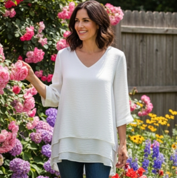 Chico's Womens Tunic Top Blouse Flowy Petal Back Cottagecore Hi Lo Soft White M - Picture 1 of 12